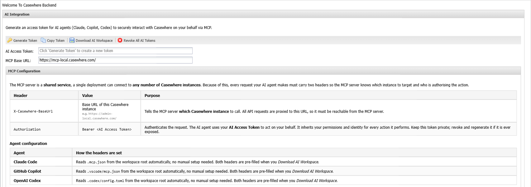 The AI Integration panel on the Casewhere Admin home page