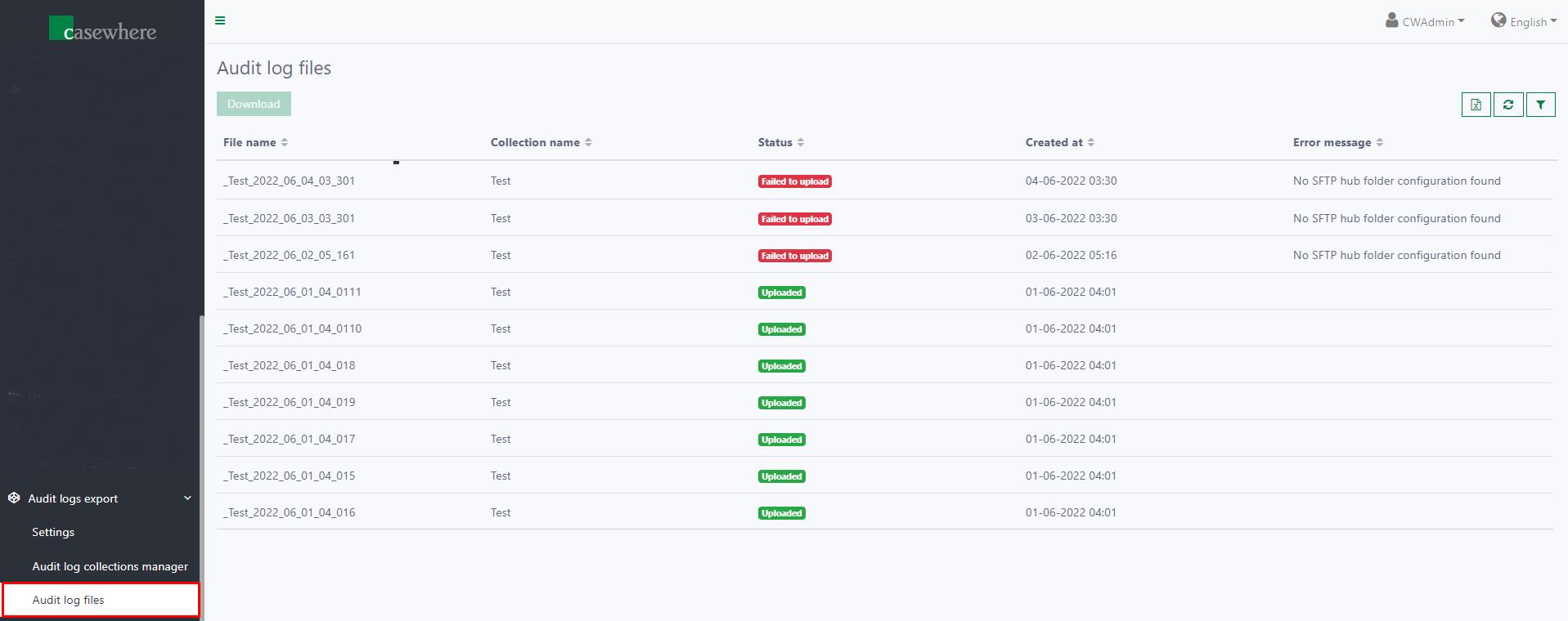 Audit log file list