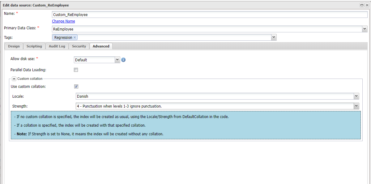 Accessing Custom Collation Settings in Data Source Configuration
