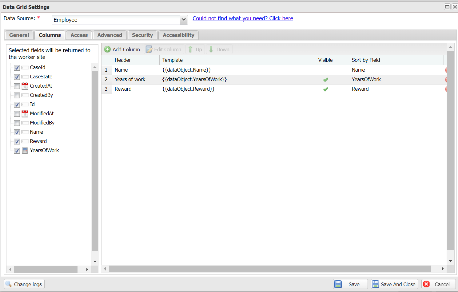 Data grid settings - Column tab