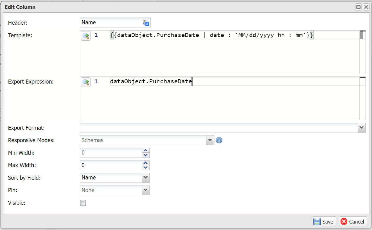 Edit column setting window