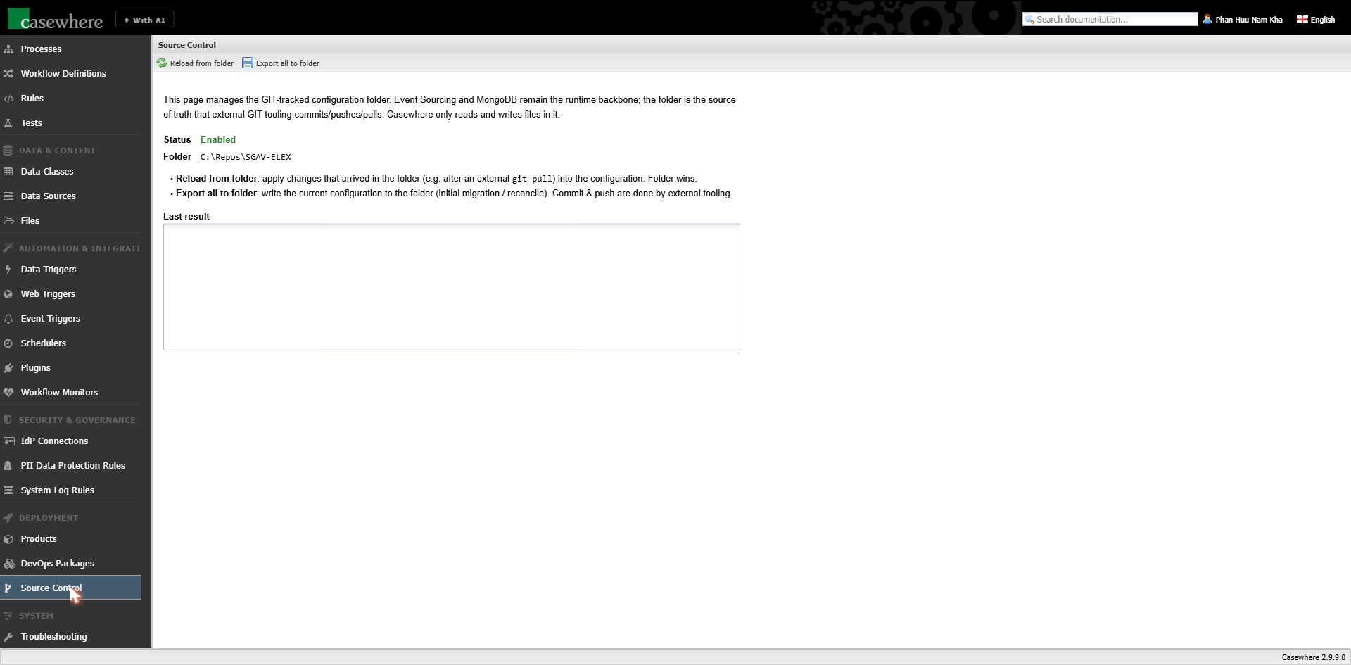 The Source Control page in Casewhere Admin